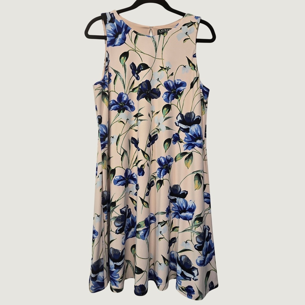 Lauren Ralph Lauren 16P Floral Sleeveless Fit Flare Dress Blue Pink Cottagecore - Picture 1 of 7